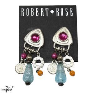 Vintage Robert Rose Clip-On Earrings 2.5" Dangle Charms Statement - Hey Viv